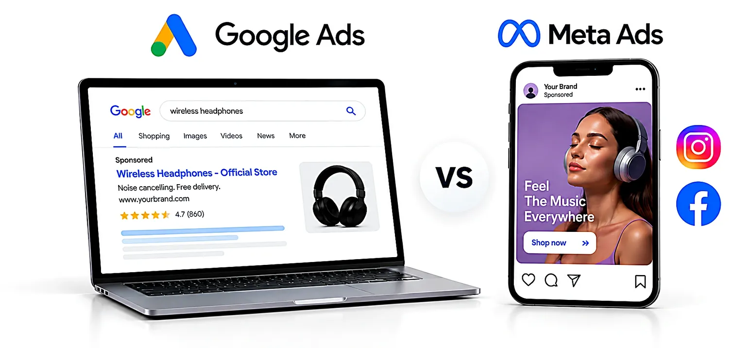 Google Ads search result for wireless headphones next to a Meta Ads Instagram post